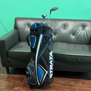 Strata Black and Blue Golf Bag with two clubs